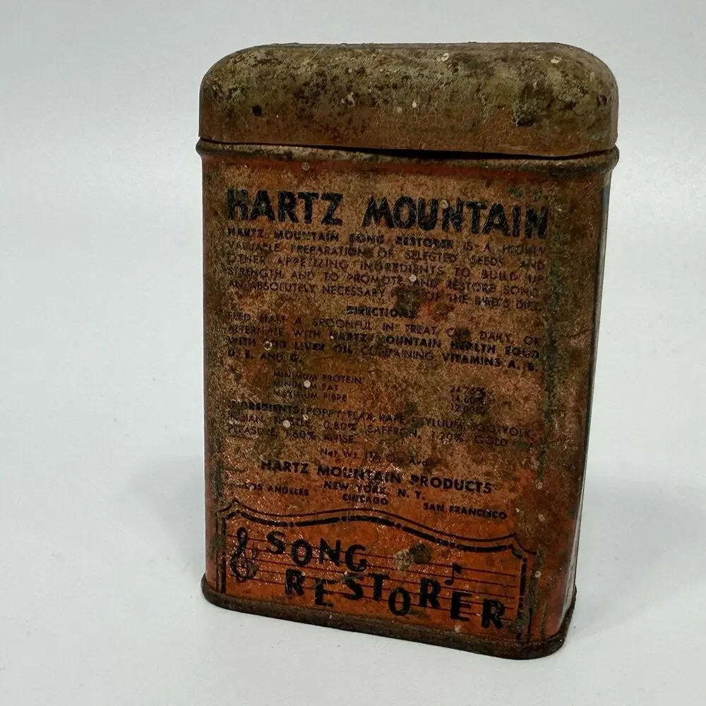 Vintage Hartz Mountain Song Restorer Bird Food Tin Orange Canary Seed USA